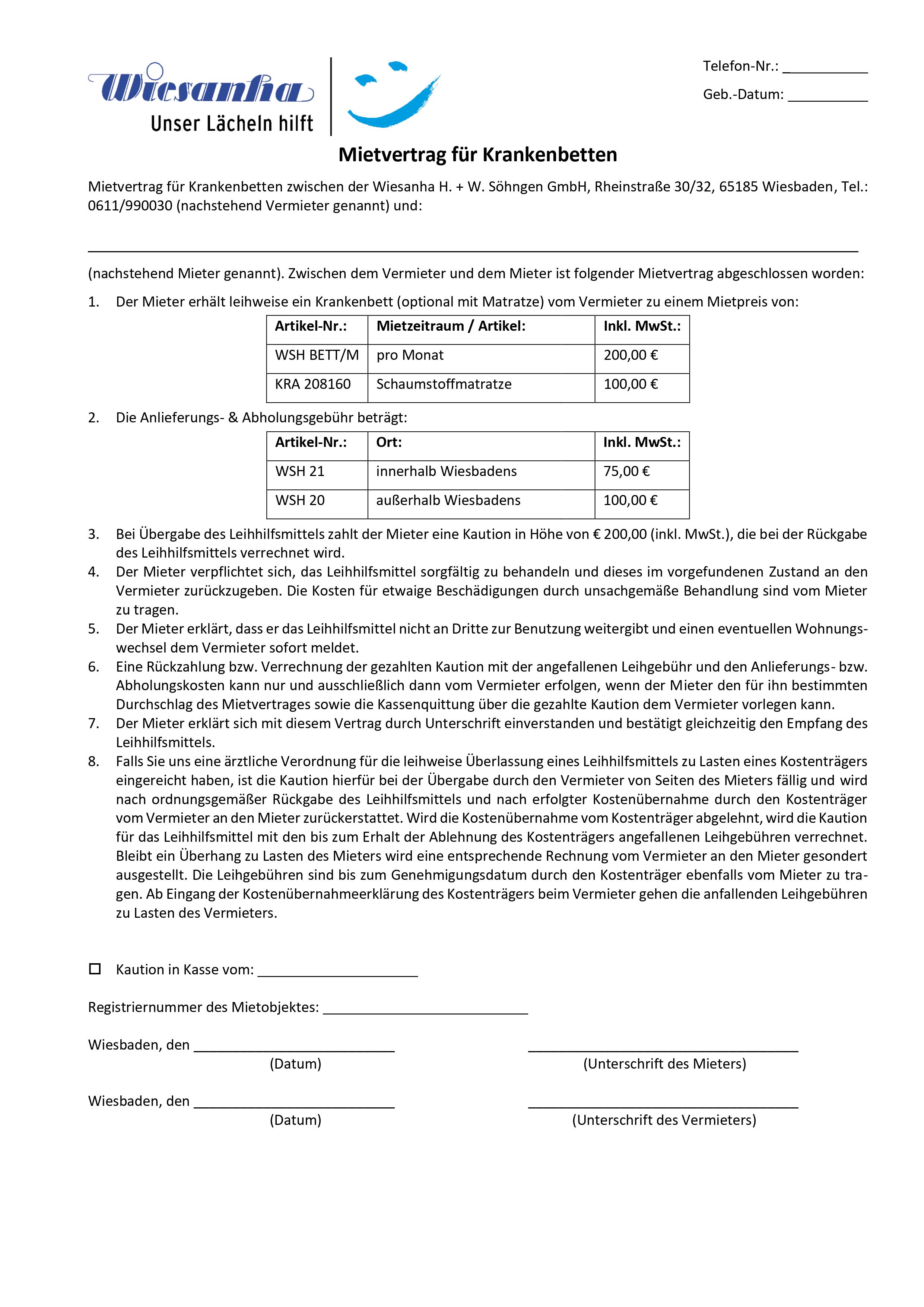 Mietvertrag Krankenbett