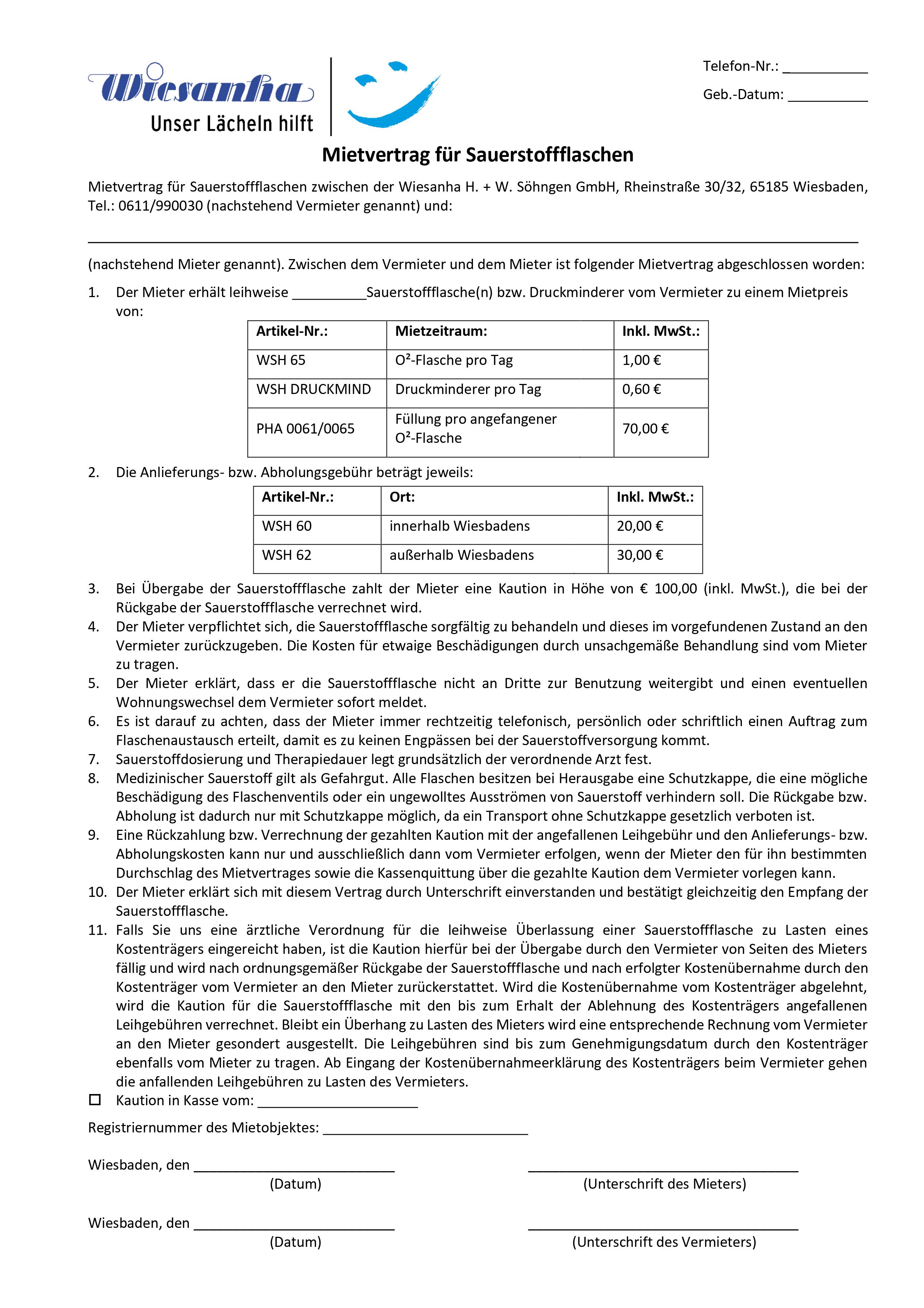 Mietvertrag Sauerstoffflasche